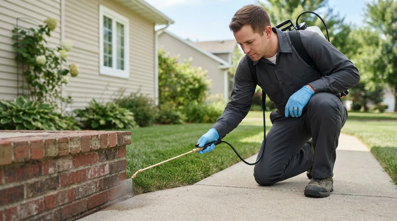 Pest control technician treating a home near Rosie, AR